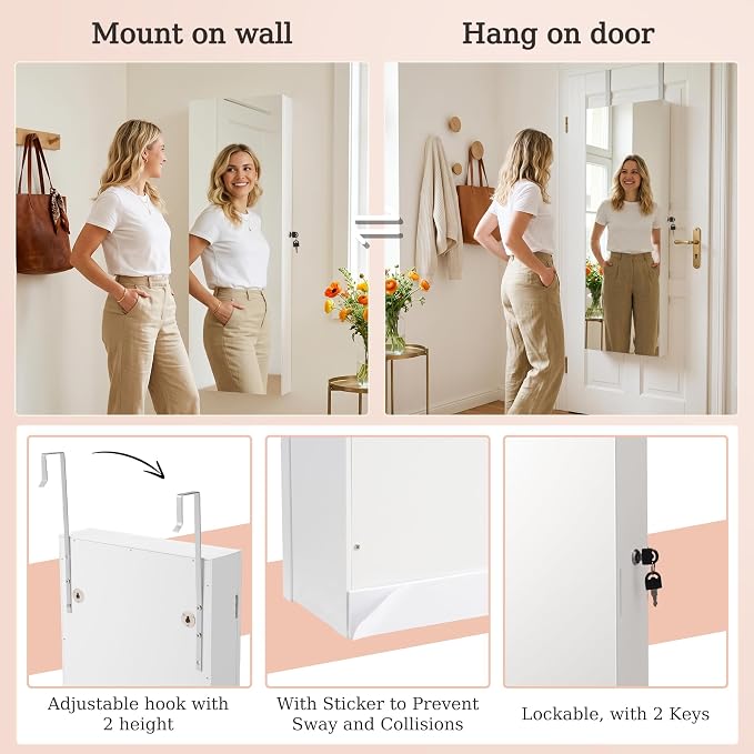 Unisakey Lockable Mirror Jewelry Cabinet LED Lights Wall Mount White | Door or Wall Mount Flexible,Drawers Cosmetic Trays Shelves Inside,Built-in Full-Length Mirror,Dimensions 14.4"×3.15"×43.1"