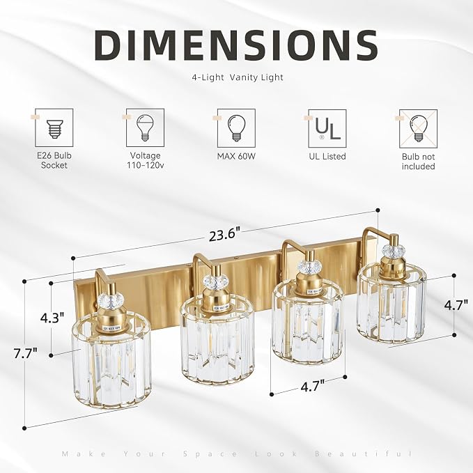 4-Light Modern Vanity Lights Brushed Brass Bathroom Light Fixtures Over Mirror Gold Bathroom Vanity Lighting with Crystal Shade E26 Base Wall Sconce for Bedroom Living Room Restroom Wall Lamp