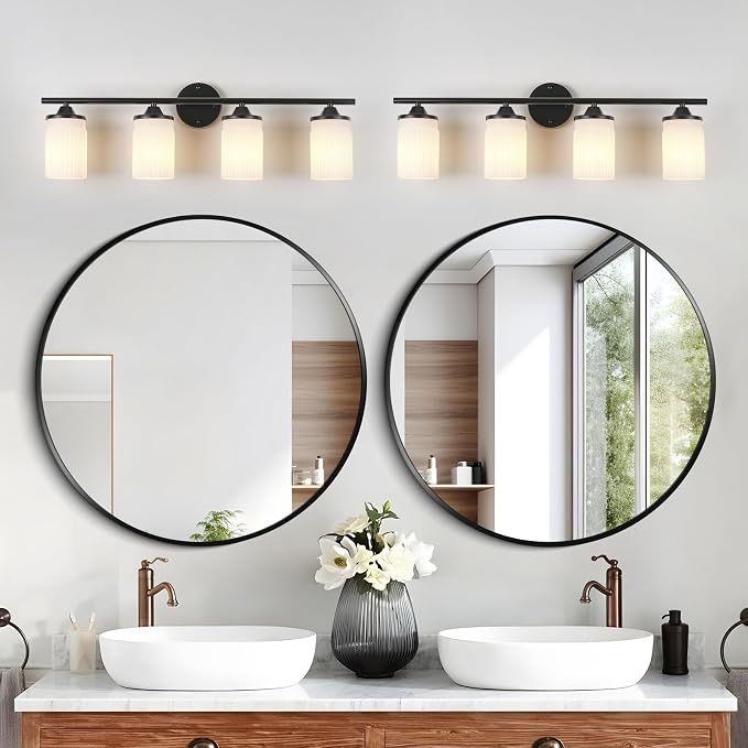 Jonsi Black Bathroom Light Fixtures 4-Light Vanity Lights Modern Wall Sconce with Milk White Shade Brushed Brass Bathroom Light Fixture Over Mirror for Bedroom Hallway Kitchen