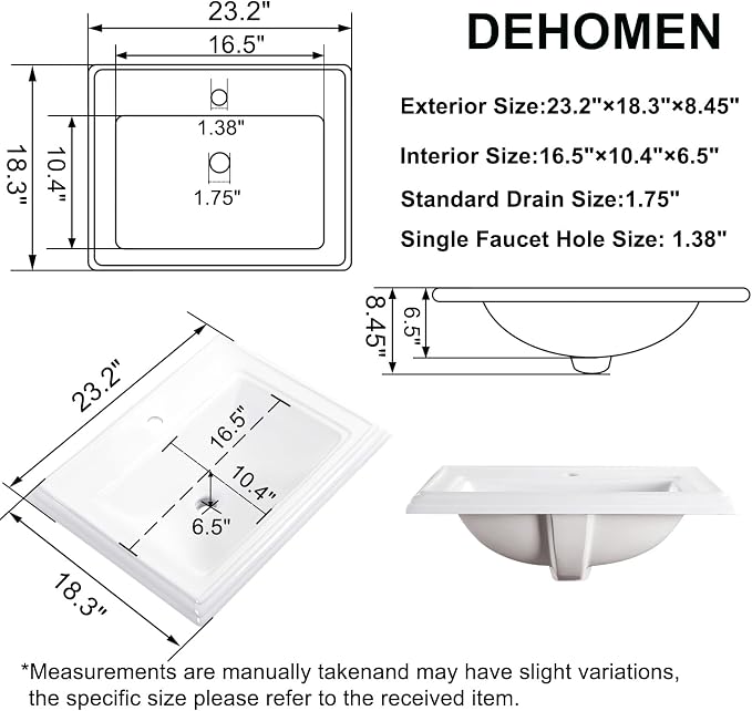 23" Drop-in Bathroom Sink With Single Hole White Ceramic Rectangular Vanity Basin Modern Self-Rimming Design for Master Bath, Powder Room and Guest Bathroom