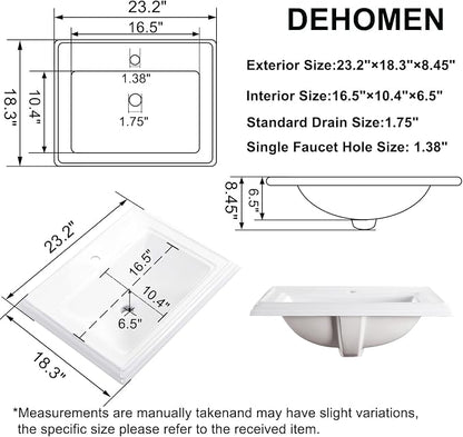 23" Drop-in Bathroom Sink With Single Hole White Ceramic Rectangular Vanity Basin Modern Self-Rimming Design for Master Bath, Powder Room and Guest Bathroom