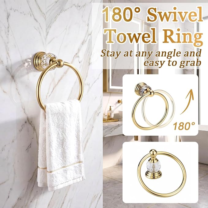 4 Pcs Polished Gold Crystal Bathroom Accessories Set with Adjustable Double Towel Bar & Towel Ring & Toilet Paper Holder & Robe Hook, Wall Mounted Bath Hardware Fixture Set (Style 10)