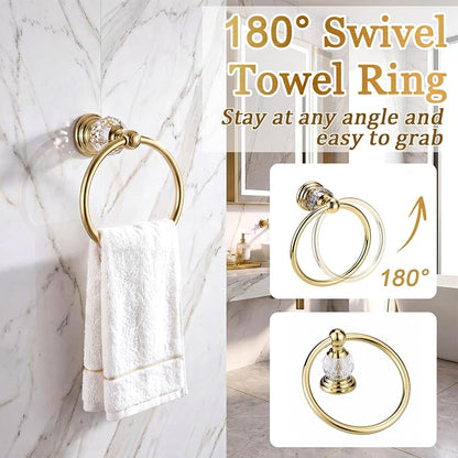 4 Pcs Polished Gold Crystal Bathroom Accessories Set with Adjustable Double Towel Bar & Towel Ring & Toilet Paper Holder & Robe Hook, Wall Mounted Bath Hardware Fixture Set (Style 10)