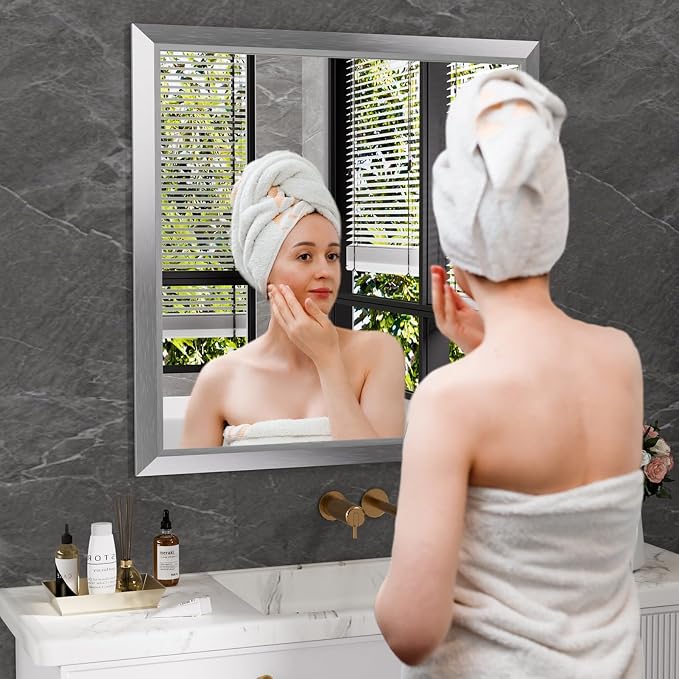 Bathroom Mirror for Wall, 36x36 Inch (Brushed Silver) | HD Reflection, Tempered Glass, Thick Metal Framed Rectangle Mirrors for Over Sink, Bedroom, Living Room, Entryway, Anti-Rust