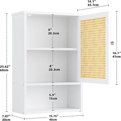 Bathroom Wall Cabinet, Bamboo Over-The-Toilet Storage Organizer with Rattan Doors and Adjustable Shelf, Space Saver Medicine Cabinet for Laundry, Kitchen, Living Room (White)