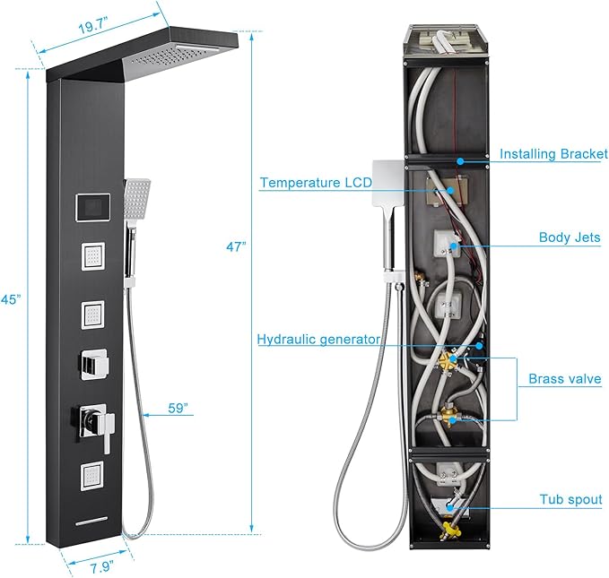 LED Shower Panel Tower System Black, MENATT 304 Stainless Steel 5-Function Shower Panel Rainfall Waterfall Shower Rain Massage System with Body Jets