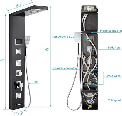 LED Shower Panel Tower System Black, MENATT 304 Stainless Steel 5-Function Shower Panel Rainfall Waterfall Shower Rain Massage System with Body Jets