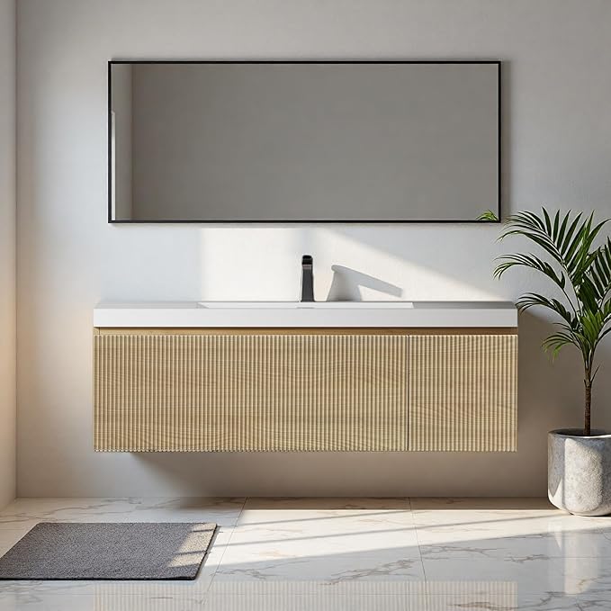 48'' Floating Bathroom Vanity with Sink, Wall-Mounted Bathroom Storage Cabinet with Soft-Close Striped Drawer, Cabinet Door & Solid Surface Basin, Natural Oak Body with Internal Handle, Wood