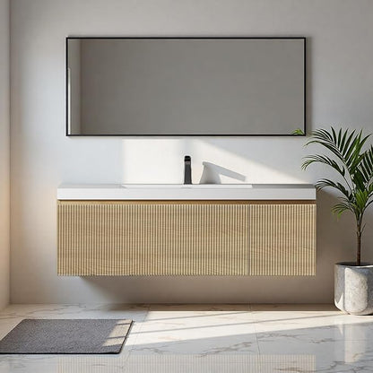48'' Floating Bathroom Vanity with Sink, Wall-Mounted Bathroom Storage Cabinet with Soft-Close Striped Drawer, Cabinet Door & Solid Surface Basin, Natural Oak Body with Internal Handle, Wood
