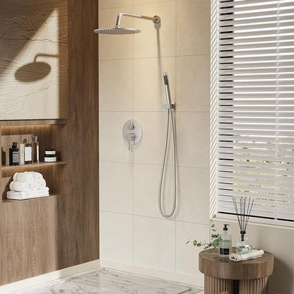 Gabrylly Shower System, 10" Wall Mounted Shower Faucet Set, Brushed Nickel | Rain Shower Head with Handheld Spray Combo, All Metal Rainfall Shower Head Complete Set Shower Mixer Valve for Bathroom