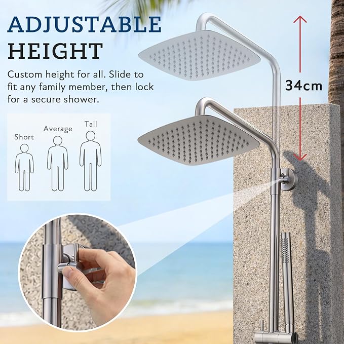 G‑Promise 316 Marine Grade Stainless Steel 10 Inches Outdoor Shower Kit | SUS 316 Stainless Steel, Built to Last, Easy Install, Height Adjustable, Wall Mounted, for Poolside, Backyard, Coastal Homes