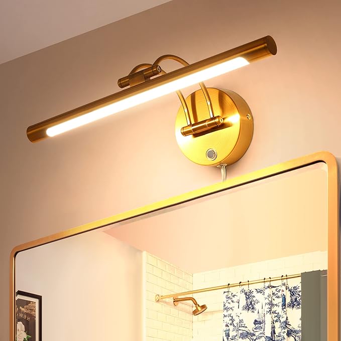 MantoLite LED Dimmable Bathroom Vanity Light Fixture 16inch Cabinet Picture Wall Lights, Indoor Lightings Wall Sconce with Ajustable Arm Bedside Reading Lamp, Pulg in Display Lamps (Brass, 3000K 8W)