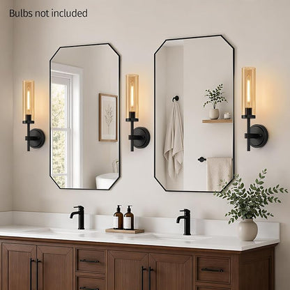 MOKATNG Hardwired Wall Sconces Set of Two, Matte Black Bathroom Sconces with Amber Glass, Modern Wall Light Fixtures for Bathroom Mirror Vanity, Living Room, Hallway, Stairway, Cabinet, Foyer