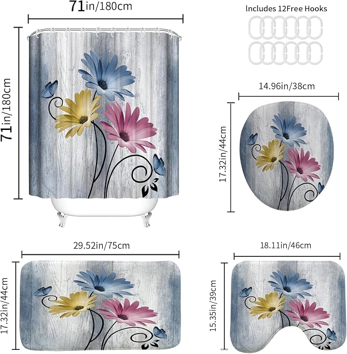 Onalasyc 4PCS Hot Pink Daisy Bathroom Sets with Shower Curtain and Rugs | Country Floral Butterfly Shower Curtain Set,Modern Bathroom Decor Shower Curtains Set with Rugs Toilet Lid Cover and 12 Hooks