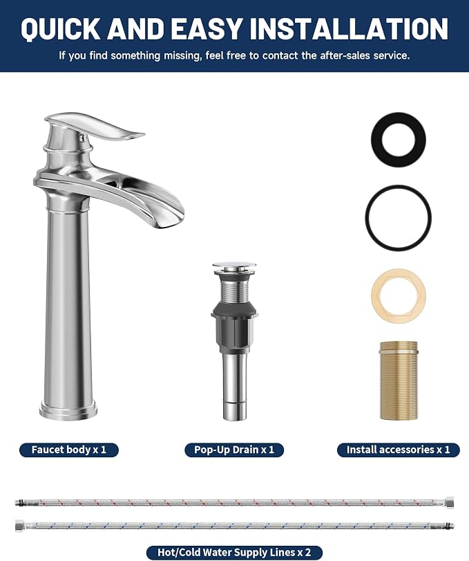 Chrome Vessel Sink Faucet Brass Waterfall Bathroom Faucet Single Hole | with Pop Up Drain Assembly and Supply Hoses, Single Handle Tall Bathroom Faucets Lavatory Vanity Mixer Tap by BATHLAVISH