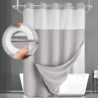 No Hook Shower Curtain with Liner Set Hotel Waffle Light Grey 78W X 75L | Washable Snap in Fabric Liner, Mesh Top Window, Waffle Hotel Style Shower Curtain Set