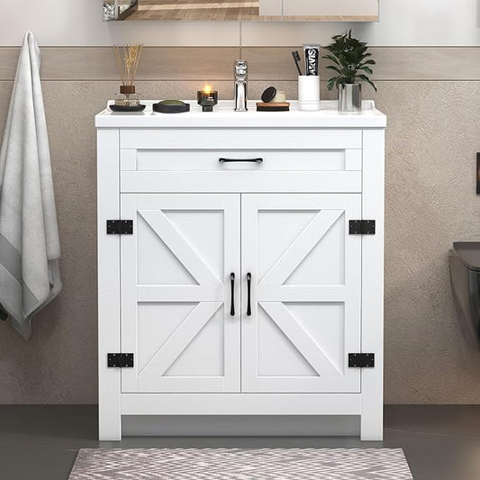 30.9 inch Bathroom Sink Vanity Combo, Small Freestanding Single Bath Vanity Sink Set with 2 Doors, White Single Basin Bathroom Storage Cabinet