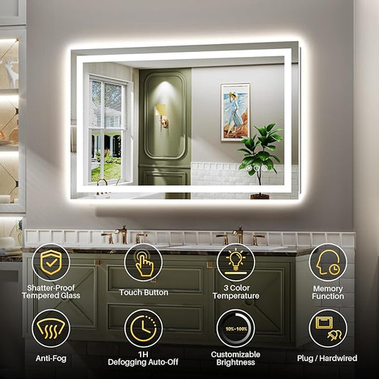 48x28 Inch LED Bathroom Mirror with Lights, Backlit & Front Lit, Anti-Fog Lighted Bathroom Vanity Mirror for Wall, Memory Function, Dimmable, HD Tempered Glass, Shatter-Proof