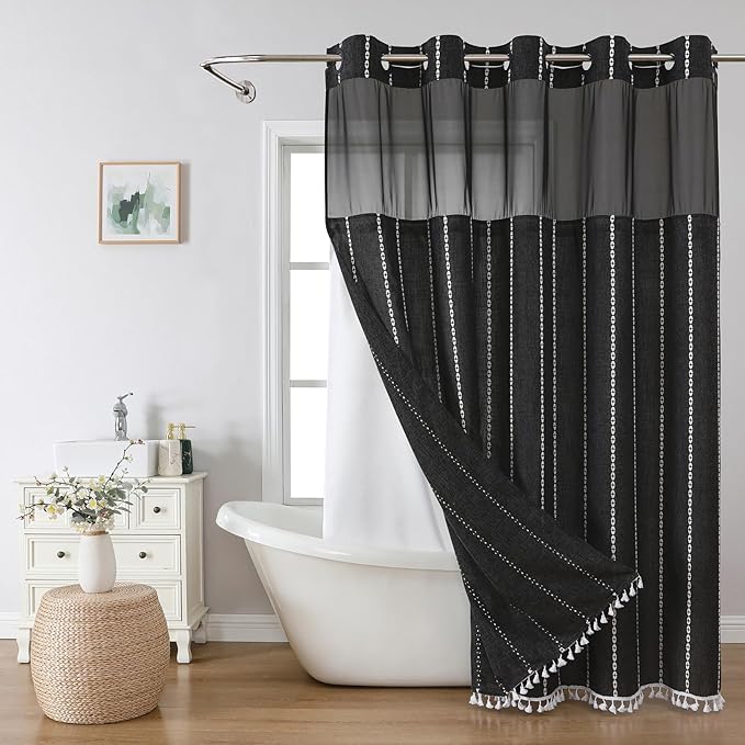 eachope Extra Long No Hook Shower Curtain with Snap-in Liner,71x86,Black | 330GSM Thick Linen Textured Striped Fabric with Tassels,Snap-in Liner,Boho Modern Farmhouse Bathroom Curtain,Water-Repellent