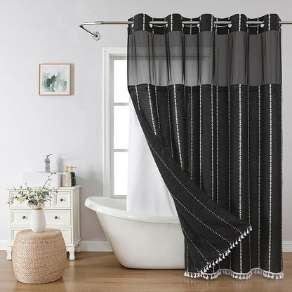 eachope Boho Farmhouse No Hook Shower Curtain with snap Liner,71x74,Black | Snap-in Liner,330GSM Thick Linen Textured Rustic Striped Design,Water-Repellent with Tassels and Sheer Window for Bathroom