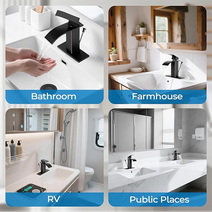 ORB Bathroom Faucet with Lift Rod Drain, Waterfall Bathroom Sink Faucet Modern Single Handle Bathroom Faucte 1 or 3 Hole, RV Mixer Tap Vanity Faucet Washbasin Faucet with Deck