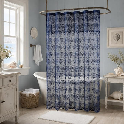 TUDECO Navy Blue Lace Shower Curtain with Attached Valance, 72 x 72 Inch | Retro Floral, Masculine Bathroom Curtain, Moody, Scalloped Edges, Lets Light In, Reinforced Holes, Machine Washable
