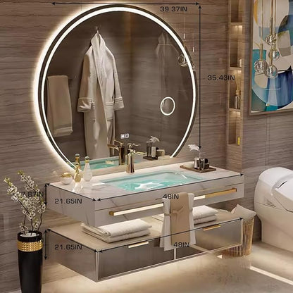48 Inch Luxury Bathroom Vanity, Floating Bathroom Vanity with Sink and LED Round Smart Defogger Mirror, Multilayer solid wood Spacious Storage Drawer Include Faucet and Drain Fittings,Single Sink