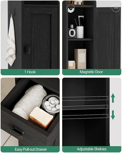 Bathroom Storage Cabinet, Narrow Tall Bathroom Cabinet, Freestanding Floor Cabinets with 2 Doors and 1 Drawer, Toilets Organizer with Adjustable Shelf, 1 Hook for Small Spaces, Black