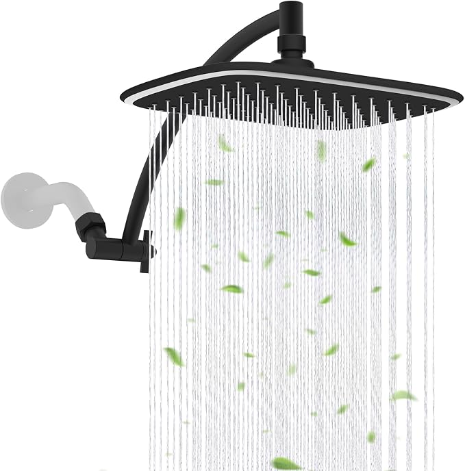 Rain Shower Head with 12" Metal Extension Arm, 10" High-Pressure Showerhead | Matte Black, Boosting Rainfall/Fixed Showerhead, Shower Head Extender Adjustable Height/Angle, 1-Min Easy to Install