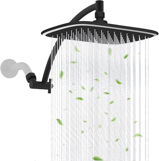 Rain Shower Head with 12" Metal Extension Arm, 10" High-Pressure Showerhead | Matte Black, Boosting Rainfall/Fixed Showerhead, Shower Head Extender Adjustable Height/Angle, 1-Min Easy to Install