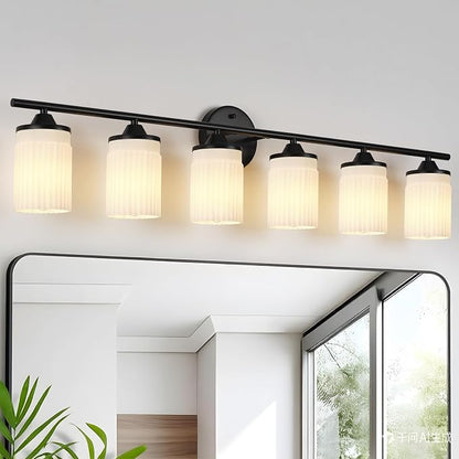 Jonsi Black Bathroom Light Fixtures 6-Light Vanity Lights Modern Wall Sconce with Milk White Shade Brushed Brass Bathroom Light Fixture Over Mirror for Bedroom Hallway Kitchen
