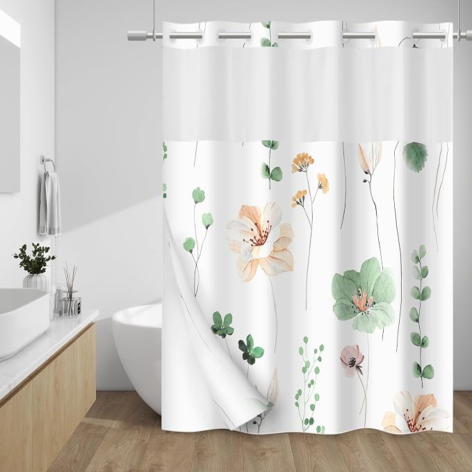 No Hook Floral Shower Curtain with Liner, Sage Green, 71x77 | Snap in Liner, 3 in 1, Water Repellent, Easy Install, Machine Washable, Hotel Style for Bathroom, Watercolor Pattern