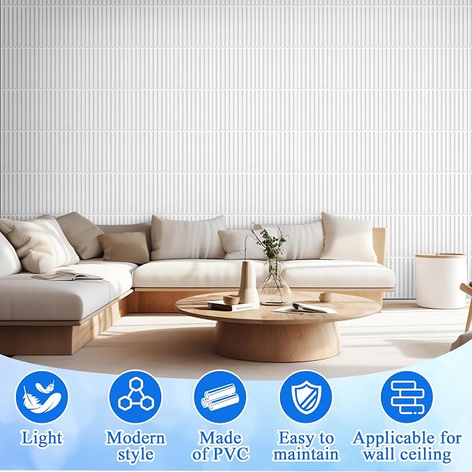 Nuanchu 32 Pcs 3D Wall Panels, 12"x12" PVC Fluted Tiles, White | Waterproof Accent Panels, Paintable Wall Tiles, for TV Background, Bedroom, Bathroom, Gaming Room, Cuttable Home DIY Decor