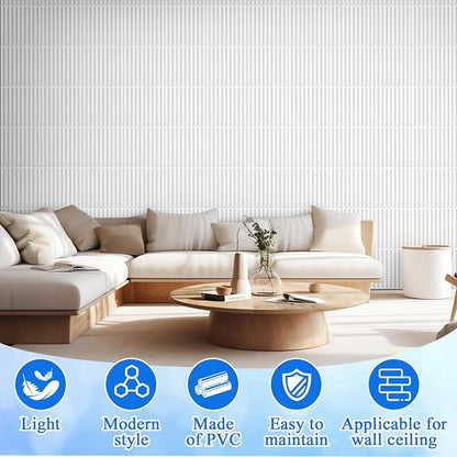 Nuanchu 32 Pcs 3D Wall Panels, 12"x12" PVC Fluted Tiles, White | Waterproof Accent Panels, Paintable Wall Tiles, for TV Background, Bedroom, Bathroom, Gaming Room, Cuttable Home DIY Decor