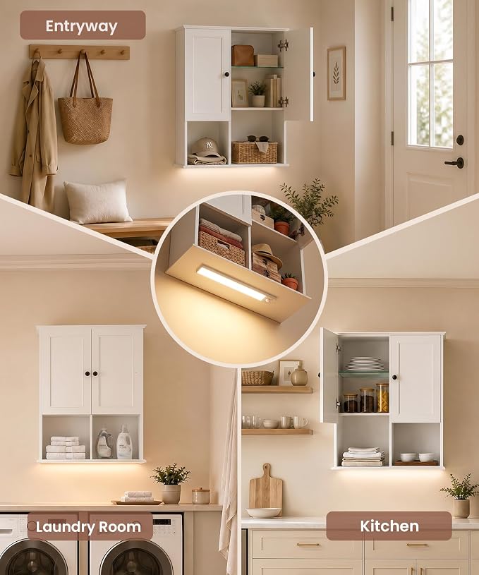 HAIOOU 23.6 inch Bathroom Wall Cabinet with Motion Sensor Light - White | Wall Mount Medicine Cabinet with Recessed Panel Doors, Adjustable Glass Shelf, Soft Close Hinges for Over the Toilet Storage