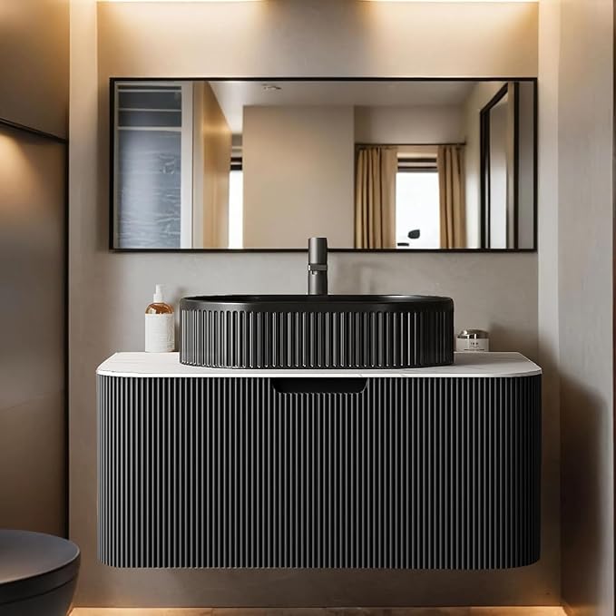 36 inch Floating Bathroom Vanity with Sink, Wall-Mount Black Cabinet with Ultra-Thin Ceramic Basin and Marble Top, Large Storage Drawer, Soft-Close Design