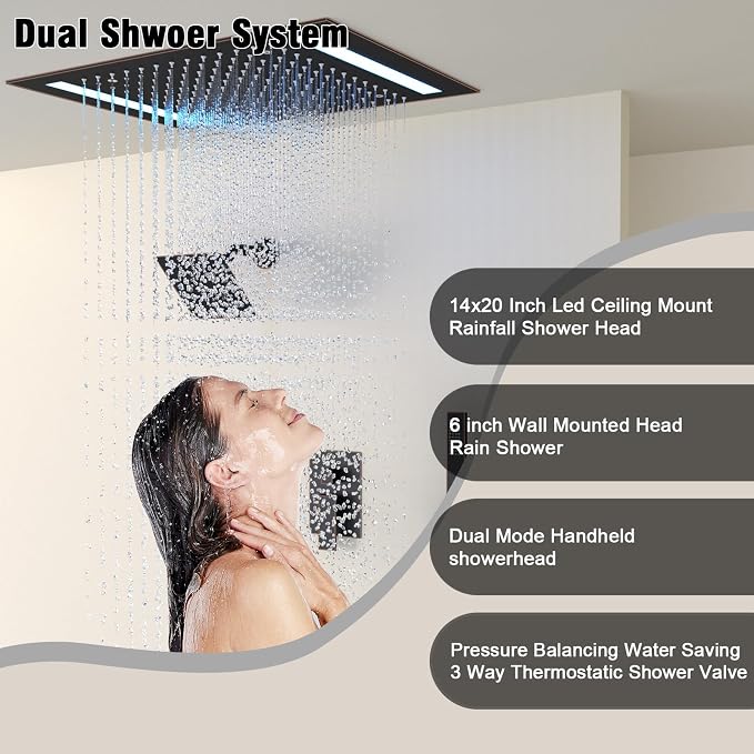 Rain Shower Head System with 14x20 Inch Ceiling Mount LED Head & 6 Inch Wall Head and Handheld Shower 3 Way Pressure Balance Valve Kit, Oil Rubbed Bronz