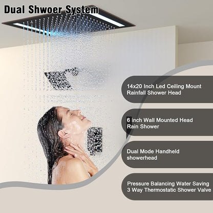 Rain Shower Head System with 14x20 Inch Ceiling Mount LED Head & 6 Inch Wall Head and Handheld Shower 3 Way Pressure Balance Valve Kit, Oil Rubbed Bronz