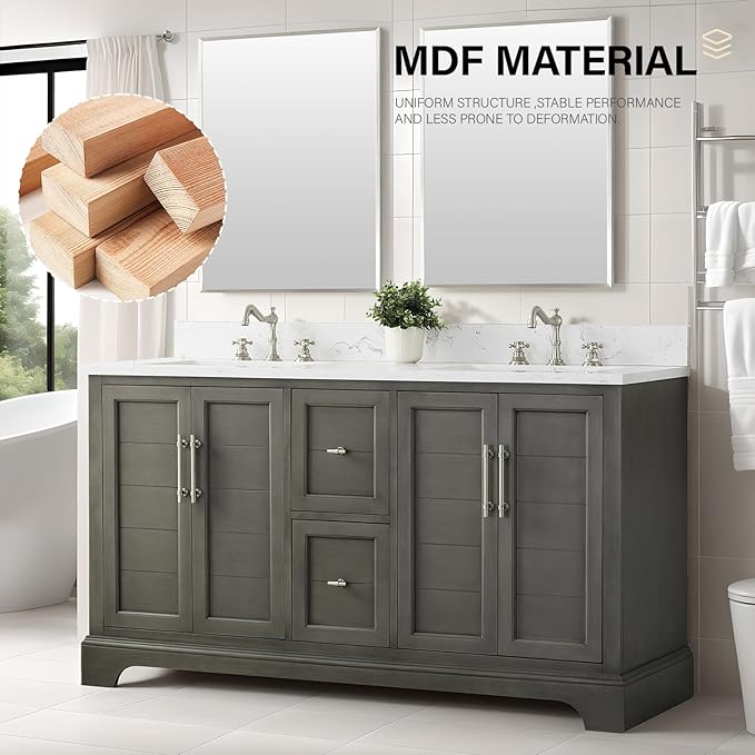 HOMEBEYOND 60 Inch Bathroom Vanity with Double Sink & Ceramic Top, Vanity Cabinet with Center Countertop Basin, Soft-Closing Doors, Backsplash,Sliver Grey