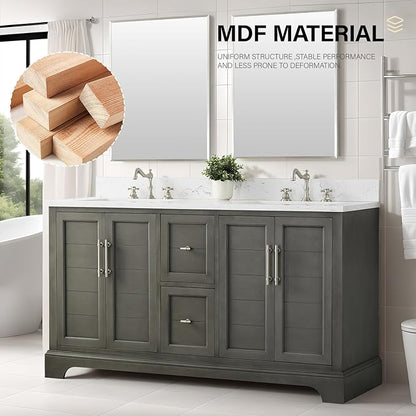 HOMEBEYOND 60 Inch Bathroom Vanity with Double Sink & Ceramic Top, Vanity Cabinet with Center Countertop Basin, Soft-Closing Doors, Backsplash,Sliver Grey