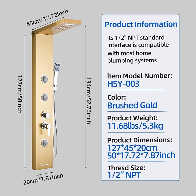 6 in1 Multi-Function Shower Panel Tower System-Brushed Gold | 304 stainless steel Shower Panel Column Tower with Powerful Body Massage, Rainfall, Waterfall,Handheld and Tub Spout