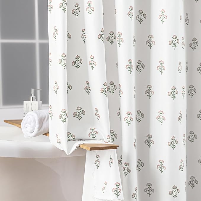 Pink Cute Floral Shower Curtain,Vintage Cottage Core Shabby Chic Fabric Pretty Boho Flower Pattern Girly Shower Curtains for Girls Bathroom,72x72,Light Pink and Green White
