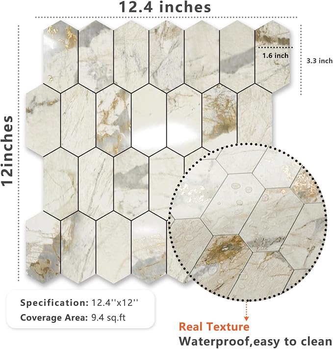 Vamos Tile Long Hexagon Peel and Stick Backsplash Tile - 10 Sheets Stick on Backsplash for Kitchen and Bathroom 12.4 x 12 Inch Glossy Pandora Marble with Gold Veining PVC Self Adhesive Wall Tiles