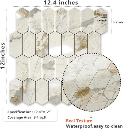 Vamos Tile Long Hexagon Peel and Stick Backsplash Tile - 10 Sheets Stick on Backsplash for Kitchen and Bathroom 12.4 x 12 Inch Glossy Pandora Marble with Gold Veining PVC Self Adhesive Wall Tiles