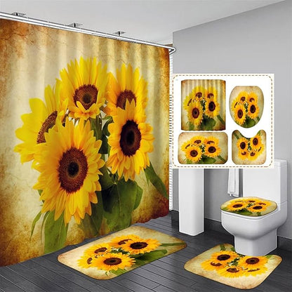 AZHM Sunflower Shower Curtain Sets with Rugs 4 Piece Flower Floral Decor for Bathroom Toilet Bathroom Mat, Curtain and 12 Hooks