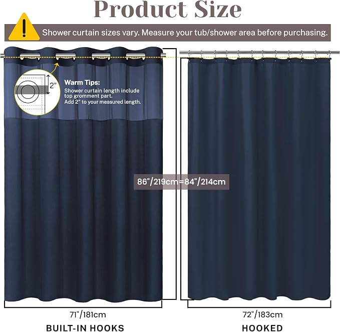 SORTTO No Hook Slub Shower Curtain with Liner, 71x86, Navy | Snap in Liner, 3 in 1, Bamboo Texture, Hotel Style, Waterproof Fabric, Mesh Top Window, Corner Magnets, Machine Washable
