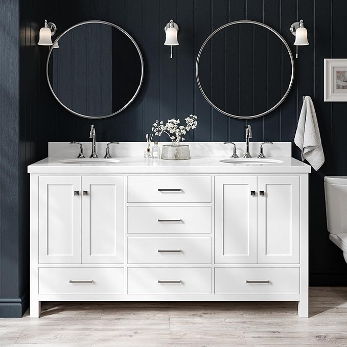 ARIEL Cambridge 66-inch Bathroom Vanity with Sink,Solid Wood, 1.5-inch Pure White Quartz Countertop & Backsplash, Double Oval Porcelain Sink, 4 Soft Closing Doors, 6 Dovetail Drawers, White