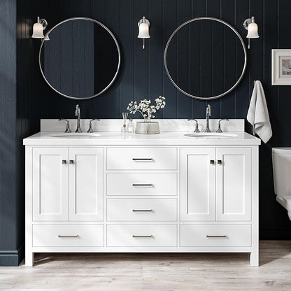 ARIEL Cambridge 66-inch Bathroom Vanity with Sink,Solid Wood, 1.5-inch Pure White Quartz Countertop & Backsplash, Double Oval Porcelain Sink, 4 Soft Closing Doors, 6 Dovetail Drawers, White