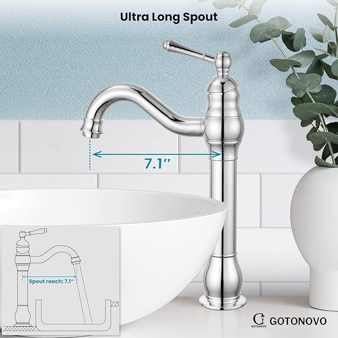 gotonovo Vessel Sink Faucet 360° Swivel Spout Single Handle Tall Bathroom Faucet 1 Hole Farmhouse Lavatory Washbasin Mixer Tap Matching Supply Hoses, with Pop Up Drain, Polish Chrome