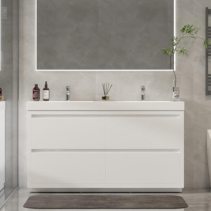 Vanity Art 60 Inch Double Sinks Floor Standing Bathroom Vanity Set 2 Drawers Storage Cabinet with White Engineered Stone Top Undermount Rectangle Sinks High-Glossy Finish